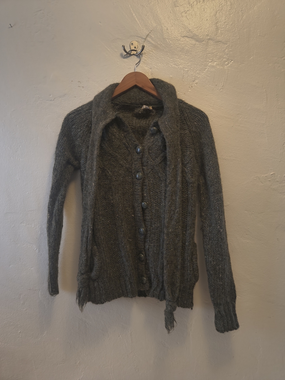 100% Wool Chunky Knit Scarf Cardigan Olive Gray
